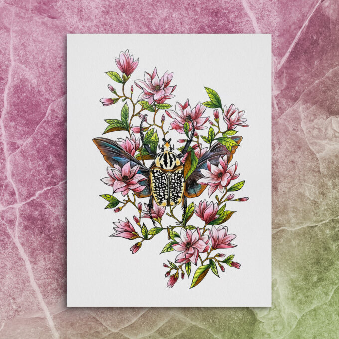 Goliath Beetle Amongst Magnolia Flowers Fine Art Giclée Print