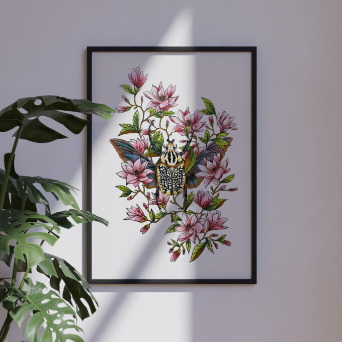 Goliath Beetle Amongst Magnolia Flowers Fine Art Giclée Print - Image 2