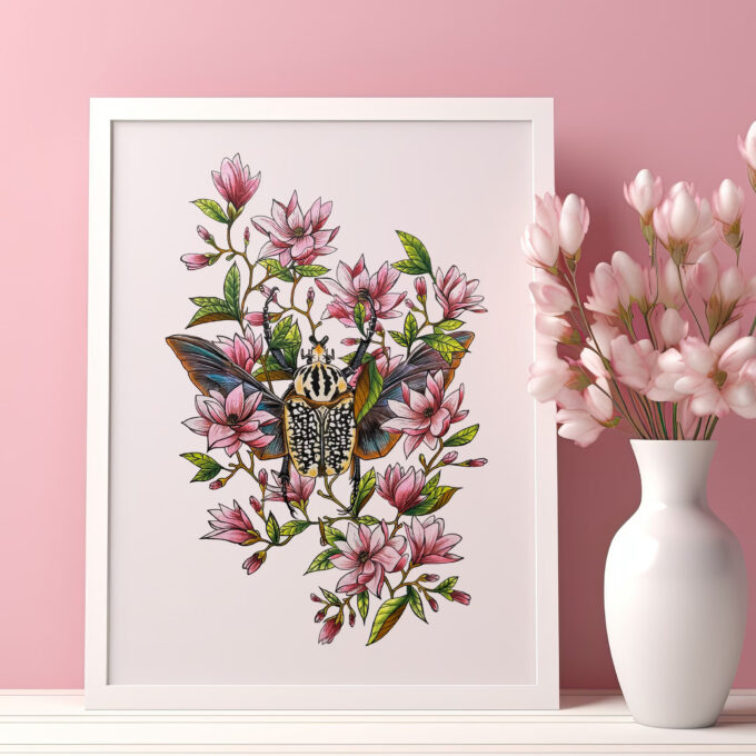 Goliath Beetle Amongst Magnolia Flowers Fine Art Giclée Print - Image 3