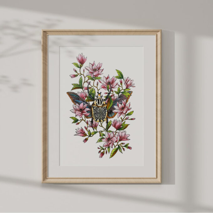 Goliath Beetle Amongst Magnolia Flowers Fine Art Giclée Print - Image 4